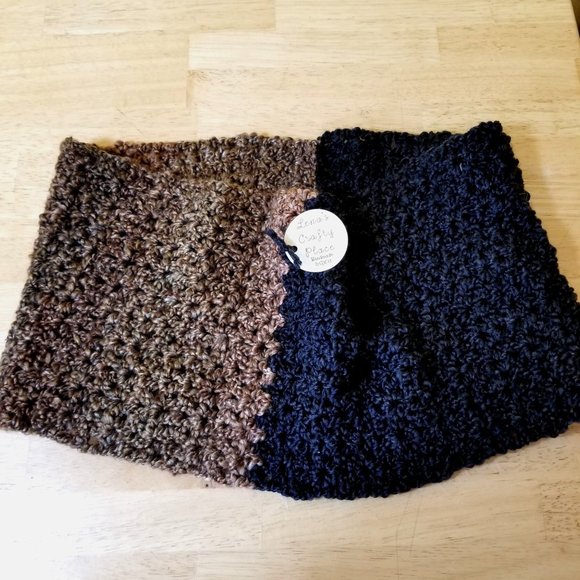 NEW ORIGINAL Black Rusty Brown Earthy Handknit Infinity Cowl Hooded Hood Scarf - Picture 1 of 5
